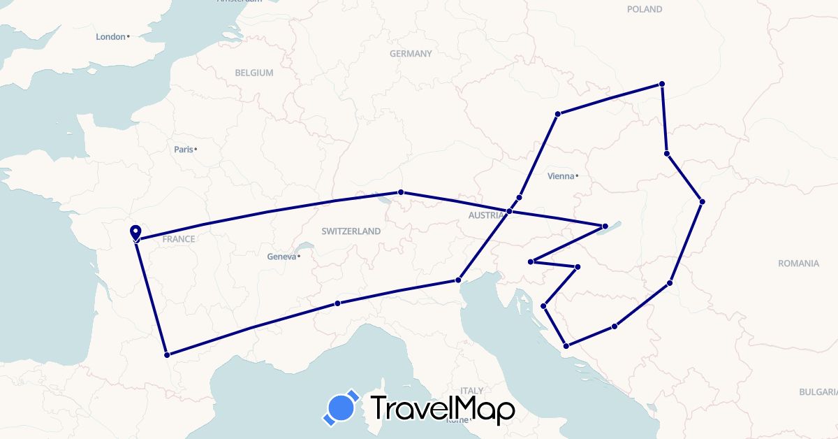 TravelMap itinerary: driving in Austria, Bosnia and Herzegovina, Czech Republic, Germany, France, Croatia, Hungary, Italy, Poland, Serbia, Slovenia, Slovakia (Europe)